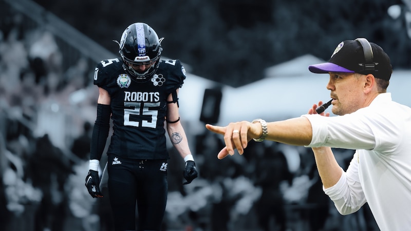 Robots-Star Tristan Smodics (l.) und Vikings Head Coach Chris Calaycay (Bild: Nikolai Goritschnig, Gepa, Photoshop)