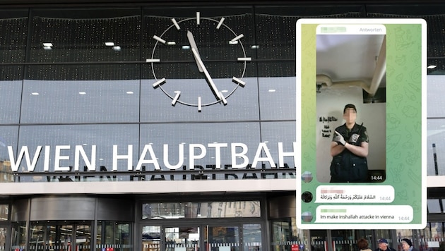 Šestnáctiletý příznivec IS oznámil teroristický útok na vídeňském hlavním nádraží v chatovací skupině. (Bild: Krone KREATIV,Gerhard Bartel, zVg, Krone KREATIV)