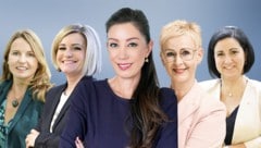 Saori Dubourg (Mitte) ist ab Freitag die neue Greiner-Vorstandschefin. Susanne Eidenberger (l.) führt bellaflora, Iris Schmidt (2. v. l.) das AMS Oberösterreich, Alice Godderidge Poloplast und Stefanie Christina Huber (r.). die Sparkasse OÖ. (Bild: Markus Wenzel (2), BASF SE, bellaflora/Hermann Wakolbinger, Robert Maybach, Krone KREATIV)