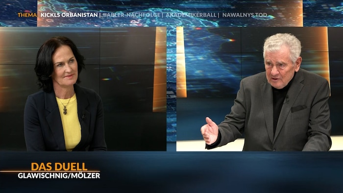 Eva Glawischnig és Andreas Mölzer a krone.tv aktuális "TV-Duell" című műsorában.