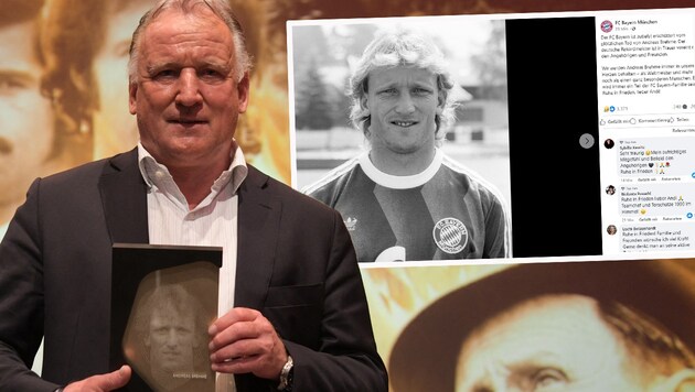 Andreas Brehme - links 2019 bei der Aufnahme in die deutsche Fußball-„Hall of fame“, rechts als Bayern-Spieler in den 80ern. (Bild: APA/AFP/POOL/Ina Fassbender, Facebook.com/FC Bayern München)