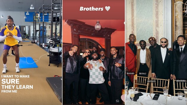 Leichte Kniebeugen gehen schon (ganz links), gute Figur machte Alaba auch im Verbund seiner „Brothers“ bei der Party von Memphis Depay. (Bild: Instagram.com/davidalaba)