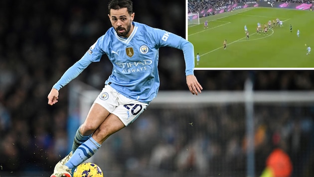 Freistoß-Hoppala von Bernardo Silva (Bild: APA/AFP/Paul ELLIS, twitter.com/adhil_11)