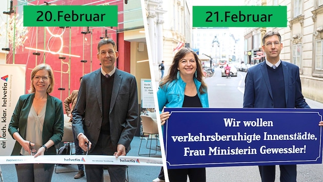 Zwischen diesen Bildern liegen keine 24 Stunden: Zuerst lächelt Bezirksvorsteher Markus Figl (ÖVP) mit Verkehrsministerin Leonore Gewessler (Grüne) um die Wette, dann gibt er ihr mit Verkehrsstadträtin Ulli Sima (SPÖ) „Saures“. (Bild: Helvetia, Zwefo, Krone KREATIV,)