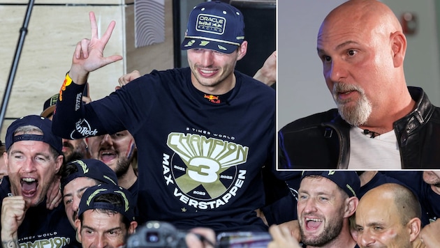 Formel-E-Boss Jeff Dodds (kleines Bild rechts oben) wettet auf einen erneuten WM-Titel von Max Verstappen. (Bild: APA/AFP/Giuseppe CACACE, Screenshot twitter.com/tntsports)
