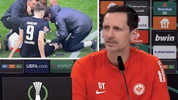 Frankfurt-Trainer Dino Toppmöller (re.) spricht über den bitteren Ausfall von Sasa Kalajdzic. (Bild: Glomex, Screenshot DAZN)