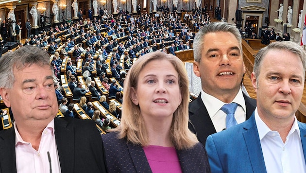 Werner Kogler, Beate Meinl-Reisinger, Karl Nehammer und Andreas Babler. Alle Parteichefs wollen nicht Herbert Kickl (FPÖ) koalieren. Drei der vier werden (sofern noch im Amt) eine Koalition bilden müssen. (Bild: APA/Georg Hochmuth, APA/Roland Schlager, APA/Tobias Steinmaurer, Martin Jöchl, Krone KREATIV)