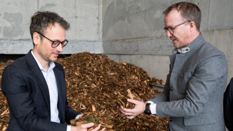 Landesrat Zadra und sein Amtskollege Gantner mit jeder Menge Biomasse. (Bild: Land Vorarlberg)