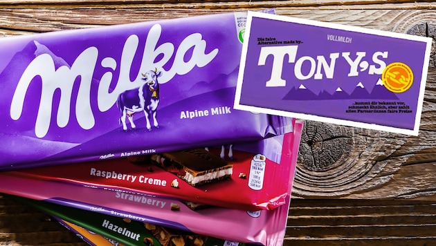 Tony's Chocolonely incurred the wrath of Milka manufacturer Mondelez with its purple packaging. (Bild: stock.adobe.com, Tony‘s Chocolonely, Krone KREATIV)