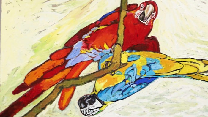 The parrots hanging in the Heidi Horten room.