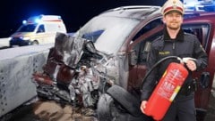 Stefan Strohmaier kam mit einer Kollegin zufällig am Unfallort vorbei und zog den bewusstlosen Lenker aus dem brennenden Auto (Bild: FF Unterpremstätten, Christian Jauschowetz, Krone KREATIV)