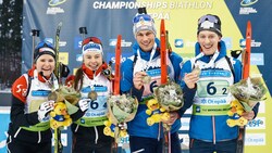 Bronze-Mixed-Staffel bei der Jugend- und Junioren-WM in Otepää: Lara Wagner, Anna Andexer, Oliver Lienbacher und Fabian Müllauer (von links). (Bild: Osula/IBU)