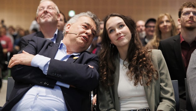 Green Party leader Werner Kogler with EU top candidate Lena Schilling (Bild: APA/ERWIN SCHERIAU)