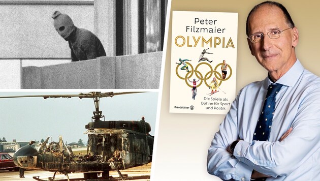 Das Olympia-Attentat von München 1972 gegen israelische Sportler bleibt unvergessen: In seinem neuen Buch erklärt Peter Filzmaier Hintergründe und Zusammenhänge aus Sport und Politik. (Bild: AP, brandstaetter Verlag Krone KREATIV,)