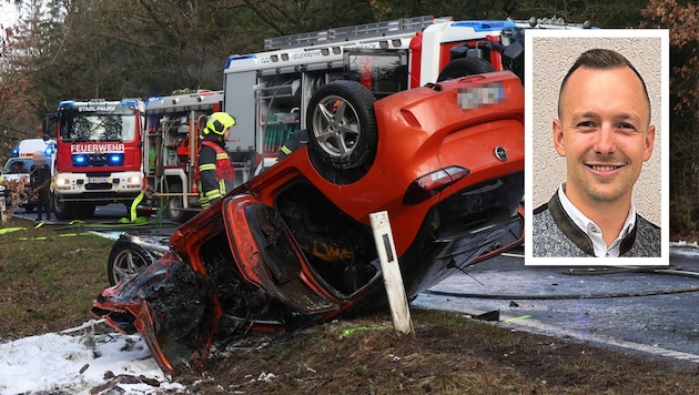 Fabian Neumitka (26, kleines Bild) zog mit einem zweiten Passanten die Lenkerin aus diesem brennenden Kleinwagen. (Bild: Matthias Lauber/laumat.at und zVg, Krone KREATIV)