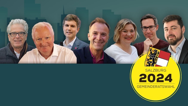 Wieder wurden den sieben Stadt-Bürgermeisterkandidaten fünf Fragen gestellt (Bild: Tschepp, Tröster, APA, Krone KREATIV)