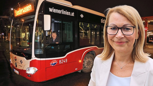 Alexandra Reinagl, Geschäftsführerin der Wiener Linien und Herbert Weidenauer (hinterm Steuer) während der „Busentführung“ (Bild: Zwefo, Krone KREATIV)