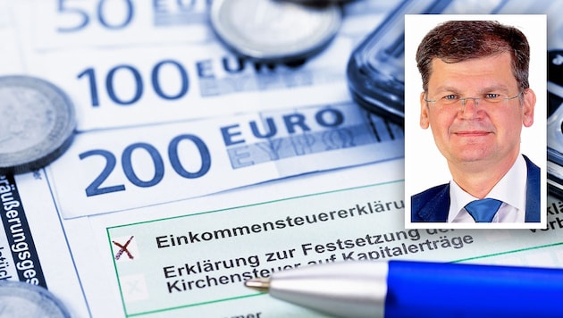 Steuerexperte Bernhard Koller von der AK Steiermark erklärt, wie man dem Finanzamt keinen Cent schenkt. (Bild: AK Stmk, APA-Picturedesk, Krone KREATIV)