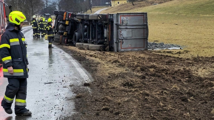 Der LKW kippte über die rechte Böschung um.