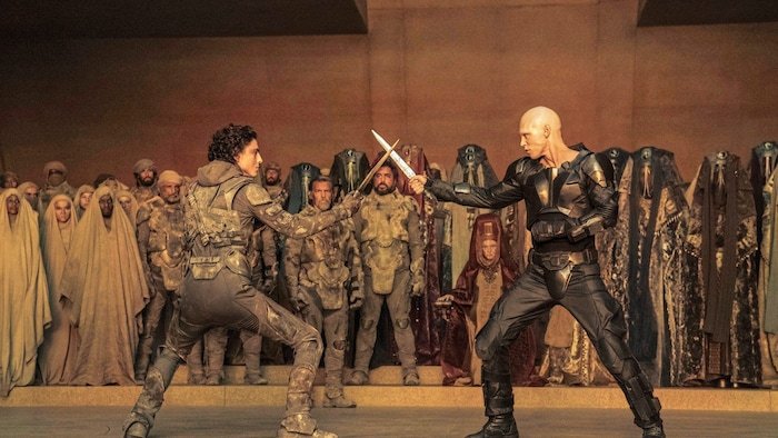 „Dune: Part Two“ mit „Wonka“-Schauspieler Timothée Chalamet (li.) und „Elvis“-Schauspieler Austin Butler als Feyd-Rautha. 