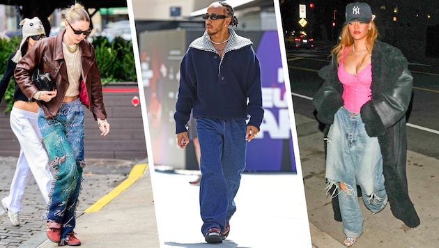 Gigi Hadid, Lewis Hamilton und Rihanna in lässigen Jeans, perfekt gestylt mit den richtigen Accessoires und Schuhen. (Bild: Photo Press Service Image courtesy of Gucci/Getty Images Krone KREATIV,)