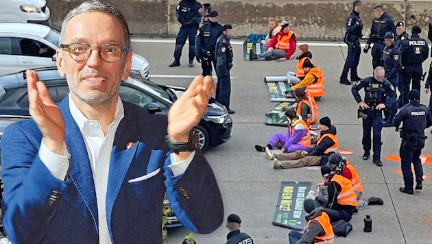 Mitglieder der Letzten Generation, hier bei der Blockade der A2 an der Wiener Stadtgrenze. Ihre Anliegen verpuffen - ihre Aktionen nützen indes ihren härtesten Gegnern. (Bild: Manfred Fesl / APA / picturedesk.com, Letzte Generation Österreich, Krone KREATIV)