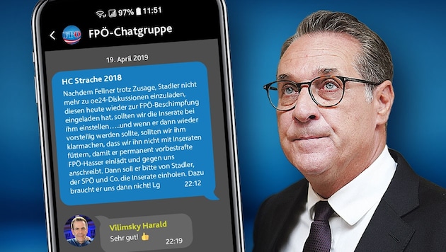 HC Strache was known to enjoy chatting, and now there are new explosive excerpts. (Bild: Krone KREATIV | Fotos: stock.adobe.com, APA)