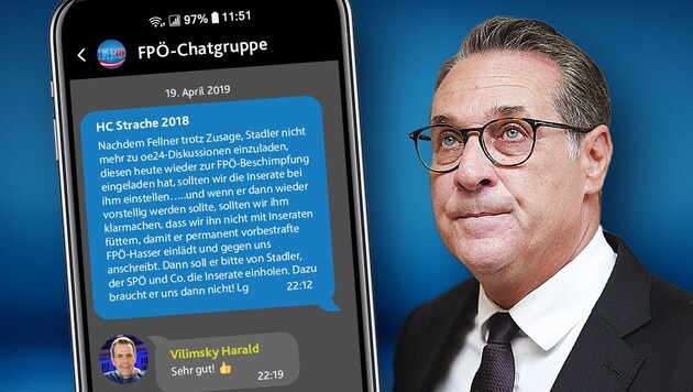 HC Strache was known to enjoy chatting, and now there are new explosive excerpts. (Bild: Krone KREATIV | Fotos: stock.adobe.com, APA)