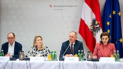 Rauch (Grüne), Raab (ÖVP), Karner (ÖVP), Zadic (Grüne) beim Gewaltschutzgipfel in Wien (v.l.).  (Bild: APA/GEORG HOCHMUTH)