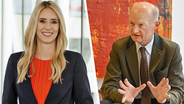 „Unseren Worten sind Taten gefolgt, aber es war eine Herkulesaufgabe“, sagt Oberbank-Chef Franz Gasselsberger. Isabella Lehner ist seit Mai 2023 im Vorstand des Geldinstituts.  (Bild: Krone KREATIV, Oberbank/Sabine Kneidinger, Harald Dostal)