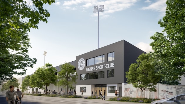 So soll die neue Heimstätte des Wiener Sportclub zukünftig von der Alszeile her aussehen. (Bild: (c) ZOOMVP.AT)