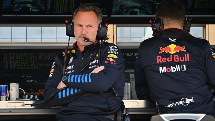 Christian Horner at the command post during the third practice session in Bahrain - he was not present at the command post for the entire session.
