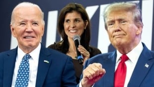 Biden (li.) hat bei Demokraten keinen Gegner, Haley liegt bei den Republikanern hinter Trump (re.).  (Bild: AP (3), Krone KREATIV)