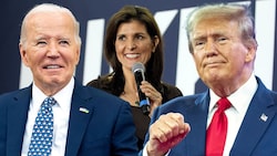 Biden (li.) hat bei Demokraten keinen Gegner, Haley liegt bei den Republikanern hinter Trump (re.).  (Bild: AP (3), Krone KREATIV)