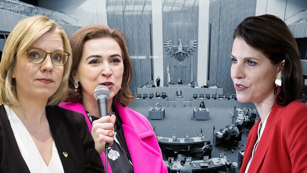 On Sunday, European Affairs Minister Karoline Edtstadler (ÖVP) sharply criticized Climate Protection Minister Leonore Gewessler (Greens). The ÖVP also announced a parliamentary question to Justice Minister Alma Zadic. (Bild: Krone KREATIV, APA)