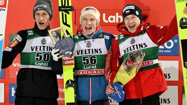 Peter Prevc, Jan Hörl and Aleksander Zniszczol (Bild: APA/AFP/Lehtikuva/Jussi Nukari)