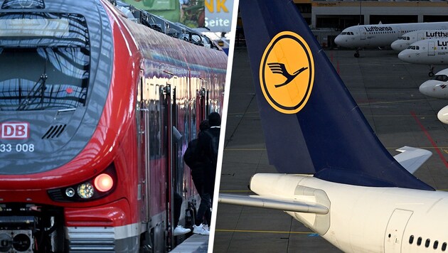 Double strike hammer in Germany: Lufthansa and train drivers are striking at the same time this week. (Bild: stock.adobe.com, Krone KREATIV)