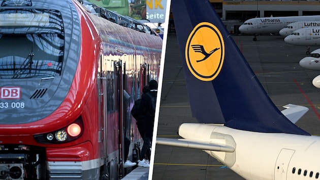 Doble mazazo huelguístico en Alemania: Lufthansa y los maquinistas de tren están en huelga al mismo tiempo esta semana. (Bild: stock.adobe.com, Krone KREATIV)