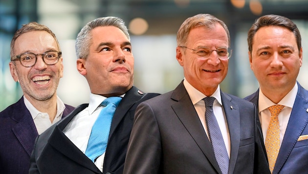 Kickl (v. links) hat gut lachen: Bundeskanzler Nehammer distanziert sich von ihm, Oberösterreichs Landeschef Stelzer koaliert in Linz mit der FPÖ von Haimbuchner. (Bild: APA, Manfred Fesl, Harald Dostal Krone KREATIV,)