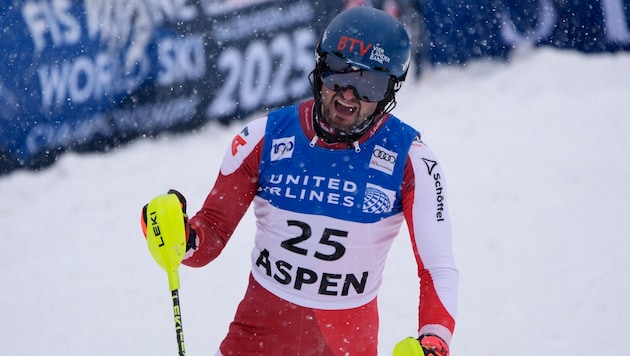 Die Erleichterung war bei Johannes Strolz nach Rang vier im Aspen-Slalom riesengroß. (Bild: AP)