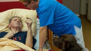 Doris Karasek mit Abby am Bett von Rudi. Er kann nach einer Gehirnblutung kaum mehr ...