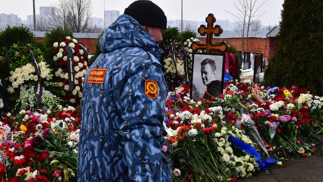 Ein Wachmann am Grab des verstorbenen Oppositionspolitikers in Moskau (Bild: APA/AFP/Olga MALTSEVA)