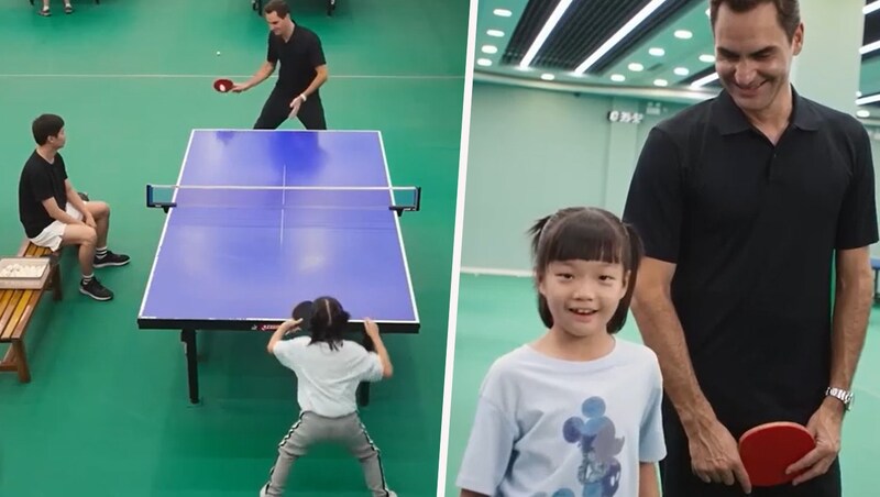 Roger Federer is narrowly beaten by the table tennis prodigy. (Bild: Glomex)