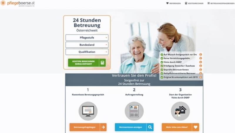 Die Pflegebörse im Internet (Bild: Screenshot/pflegeboerse.at)