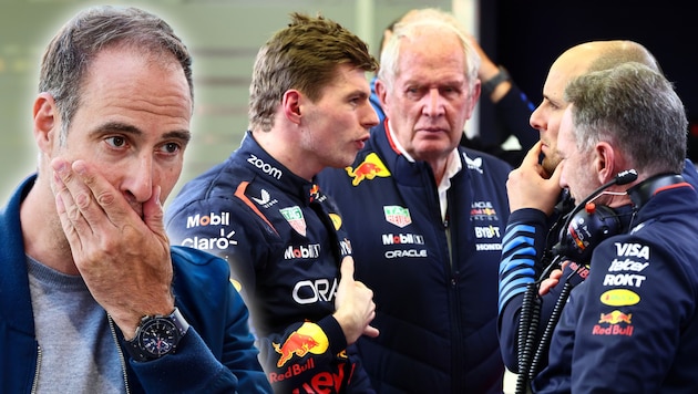 There is a huge crisis at Red Bull Racing. Oliver Mintzlaff (left) is now said to have boarded a plane to Saudi Arabia. (Bild: GEPA pictures, Photoshop)