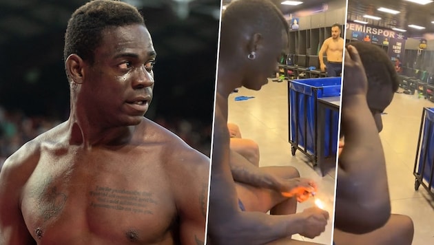 Mario Balotelli causes another scandal. He set off a firecracker in the middle of the dressing room. (Bild: APA/AFP/Fabrice COFFRINI, twitter.com/SportsDigitale)