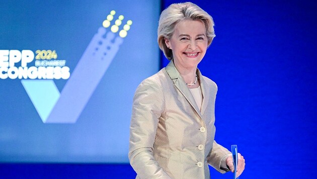 La Presidenta de la Comisión Europea, Ursula von der Leyen, aspira a un nuevo mandato. (Bild: APA/AFP/Daniel MIHAILESCU)