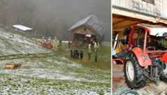 Der Traktor raste über die steile, schneebedeckte Wiese in den Schuppen, der ihn abbremste. (Bild: zoom.tirol, Krone KREATIV)