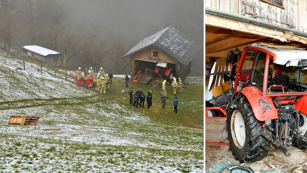 Der Traktor raste über die steile, schneebedeckte Wiese in den Schuppen, der ihn abbremste. (Bild: zoom.tirol, Krone KREATIV)