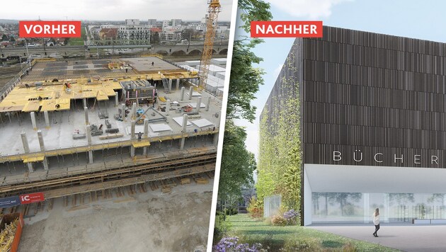 Noch ist nicht viel vom neuen Bücherdepot auf den Siemensgründen zu erkennen. Ende Mai wird die Dachgleiche erreicht. Bis Ende 2024 soll aus dem jetzigen Rohbau ein energiesparender Holzhybridbau werden. (Bild: Gerhard Bartel, Pittino & Ortner, Krone KREATIV)